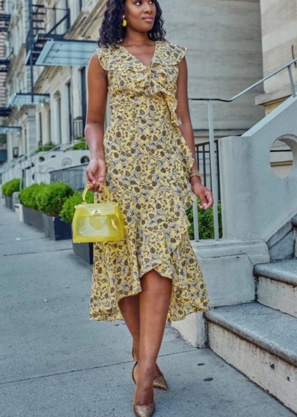Max Studio Yellow Floral Wrap Ruffle Dress Medium
